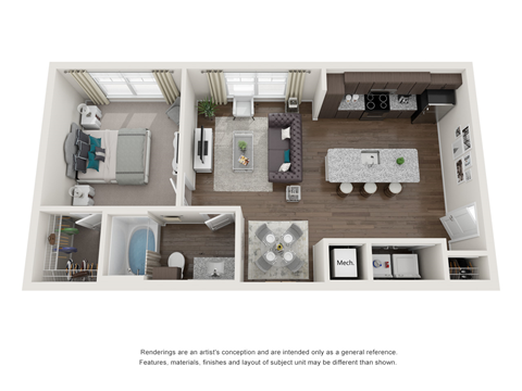 1 bed 1 bath floor plan at Seleno at Bridge Street, Alabama, 35806 